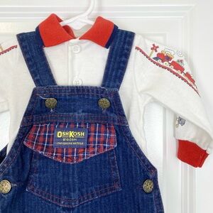 VTG OshKosh BGosh Train Denim Overalls Two Piece Set Outfit Baby 6M - 9 Months